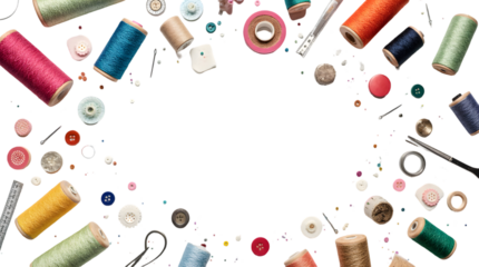 Colorful sewing supplies scattered on white background, creating a creative arrangement. Perfect for crafts, DIY projects, or sewing-related concepts.