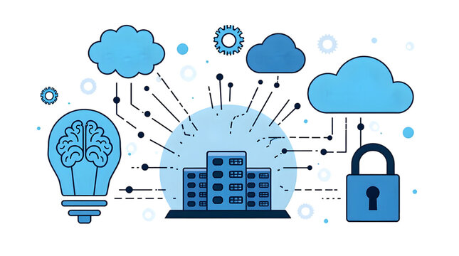 Modern business infrastructure concept with smart building automation, cloud computing services, and cybersecurity solutions illustration.