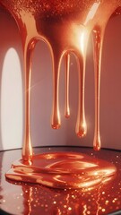 Metallic tangerine drips over coral glitter background – Great for abstract design projects, digital art prints, or cosmetic branding visuals