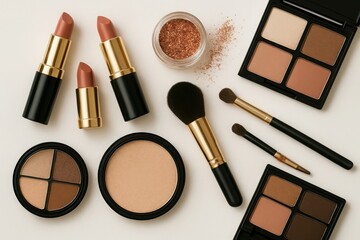 Various makeup products are arranged on a white background