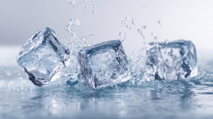 Close-up of ice cubes falling into water with splashes and ripples in cool tones.