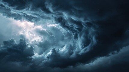 Dramatic storm clouds with lightning illuminating dark turbulent weather sky.