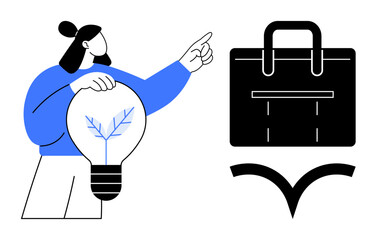 Woman holding a light bulb with a plant design, pointing to a stylized shopping bag. Ideal for sustainability, eco-friendly business, innovation, creativity, entrepreneurship, shopping, environmental