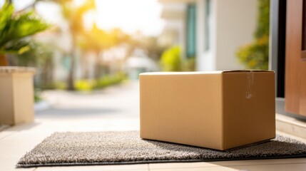 Unopened cardboard box resting on a doormat outside a modern house entrance in daylight
