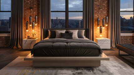 Plush charcoal bed in luxury loft with brick walls and pendant lighting