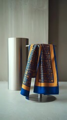 Bold cobalt and gold men’s scarf against concrete wall – Great for fashion advertising, product styling, or high-end textile features.