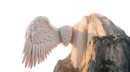 Serene Angel Wings Sculpture on Rocky Cliffside at Sunrise A Breathtaking Artistic Masterpiece