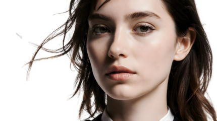 Captivating Close-Up Portrait of a Young Woman with Windblown Hair,  Exuding Natural Beauty and Subtle Elegance; a Stunning High-Resolution Photo