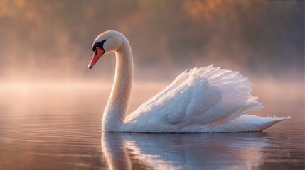 Fototapeta premium Elegant white swan gracefully floating on calm water du misty morning scene