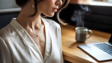 Woman’s neck and gold necklace in white blouse with coffee and laptop – Suitable for luxury fashion ads, wellness blogs, or serene office visuals