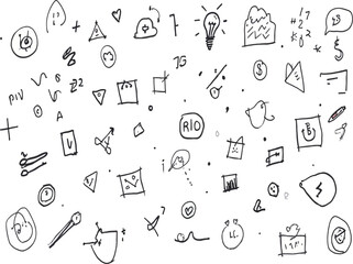 Hand-drawn doodle sketch pattern featuring envelopes, smiley faces, and everyday icons for journaling, stationery, and playful design themes
