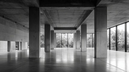 Modern empty interior space with large windows, concrete pillars, and minimalist design.