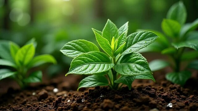 Young Green Plant Growing in Soil with Dew Drops 