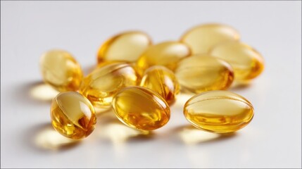 Close-up of several translucent golden yellow capsules or softgel pills on a white background.