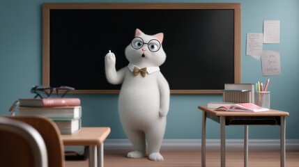 Cute animated cat teacher in classroom with blackboard and books