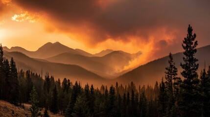 Obraz premium Majestic Mountain Landscape at Sunset with Smoky Sky and Dense Forests