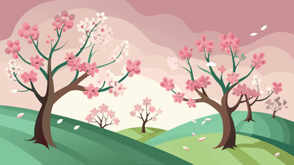 Beautiful minimalist landscape depicting blooming cherry blossom trees with pink and white flowers in a spring season scene