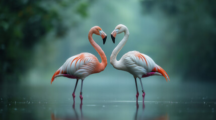 AI generator images of Portrait of two pink flamingoes standing face to face in sea, Love concept shape heart of couple flamingos on pink background minimal summer Flamingos joined together to form 