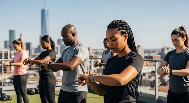 Diverse group of athletes checking smartwatches during an outdoor rooftop fitness class with city skyline background