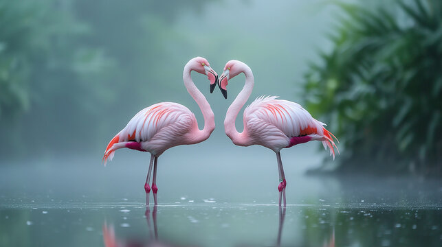 AI generator images of Portrait of two pink flamingoes standing face to face in sea, Love concept shape heart of couple flamingos on pink background minimal summer Flamingos joined together to form