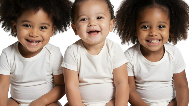 Adorable Triplets A Joyful Portrait of Three Smiling Babies in White Onesies