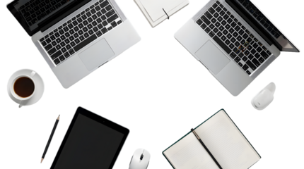 Boosting Productivity A Modern Workspace Setup Featuring Laptops, Tablets, Notebooks, and Essential Accessories for Seamless Workflow
