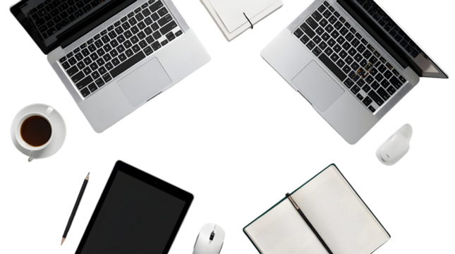 Boosting Productivity A Modern Workspace Setup Featuring Laptops, Tablets, Notebooks, and Essential Accessories for Seamless Workflow