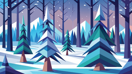 Geometric winter forest scene illustrating mountains evergreen trees and falling snow in a cool color palette on a white background