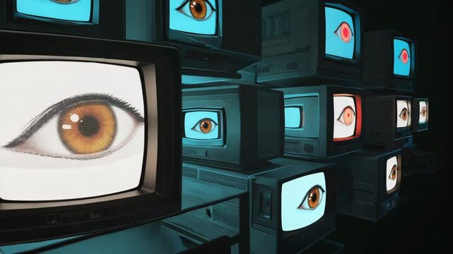 Surveillance Concept With Multiple Screens Displaying Human Eyes in a Dark Room
