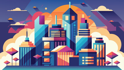 Fototapeta premium Modern geometric abstract cityscape with buildings clouds and sunset with a beautiful color palette suitable for diverse design projects