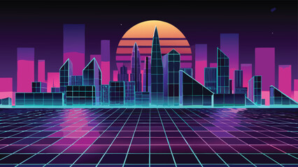 Retro futuristic cityscape illustration featuring vibrant neon colors and a synthwave aesthetic on a transparent background