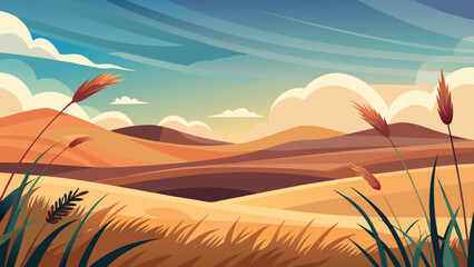 Scenic minimalist landscape illustration depicting a warm autumnal scene with wheat and rolling hills under a cloudy sky