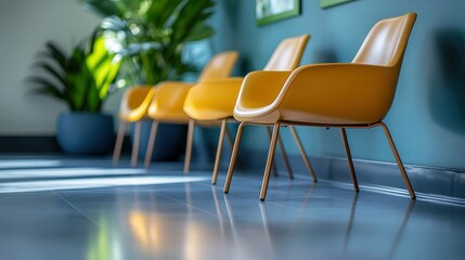 Three mustard yellow chairs in a waiting area