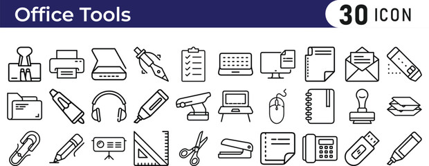 Office work tools icon set featuring desk, computer, calendar and more