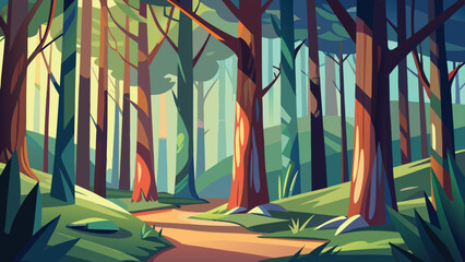 Stylized illustration of a vibrant sunlit forest path featuring tall trees and lush green vegetation suitable for digital projects