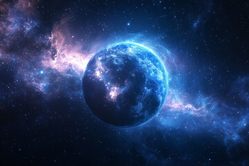 Obraz premium solitary planet radiating a brilliant blue glow is nestled within a swirling outer space, color image, illustration, no people, astronomy, horizontal, planet - space, abstract, digitally generated ima
