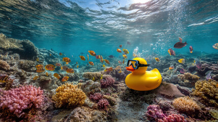 Yellow rubber duck scuba diving with colorful fish in a coral reef