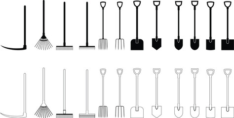 Gardening tools icon set hand rake spade, hoe, shovel, and Trowel vector collection isolated on transparent background for creative projects. Gardening tools landscape construction farm work equipment