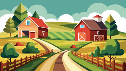 Vector illustration of a tranquil minimalist landscape featuring two barns a country road and rolling green hills under a bright sky