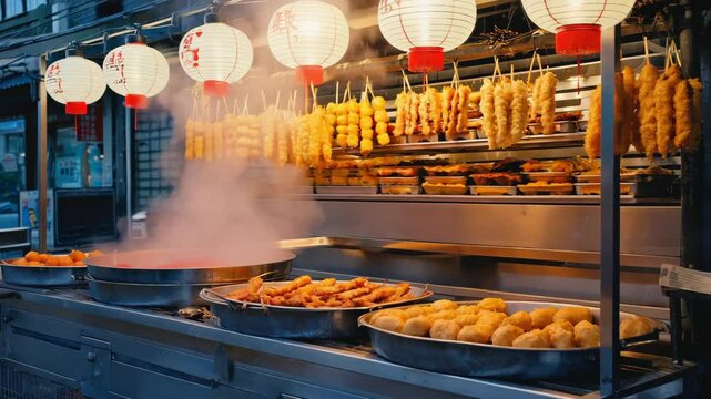 Steamy Asian Night Market &ndash; Skewered Fried Street Food and Lanterns in the Evening Light