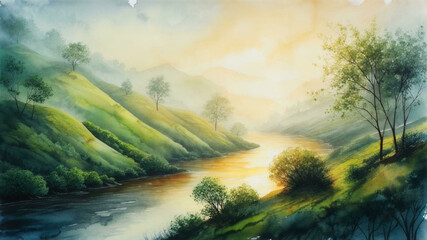 Fototapeta premium Nature Landscape Illustration with River, Mountains, and Trees