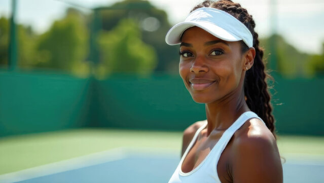 beautiful African American Professional female tennis athlete standing on pristine grass court in competition outfit. Lawn tennis player portrait with court background