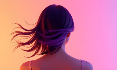 Woman with Flowing Hair in Neon Light, Back View, 3D Rendering
