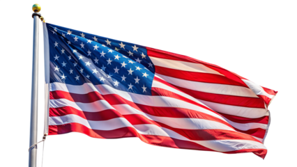 The american flag waves proudly on a flagpole against a clear transparent background