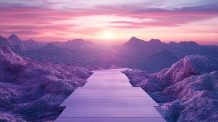 Surreal purple sunset landscape with a wooden path leading to distant mountains.