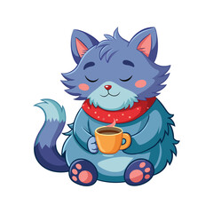 Sleepy Cat Relaxing with Hot Drink and Fluffy Slippers. Cozy Feline Vector Illustration on White Background for Cute, Comfy, and Lazy Day Designs.