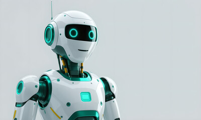 Friendly White Robot Standing on Grey Background, Future Technology Concept.