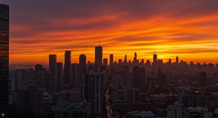 Obraz premium City skyline during sunset with vibrant orange and purple colors 