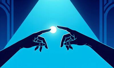 Stylized Hands Reaching for Bright Orb in Blue Art Deco Setting