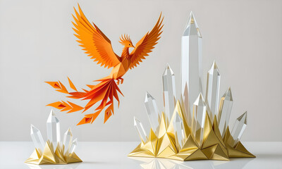 Geometric Paper Phoenix Flying Near Crystalline Structures on White Background